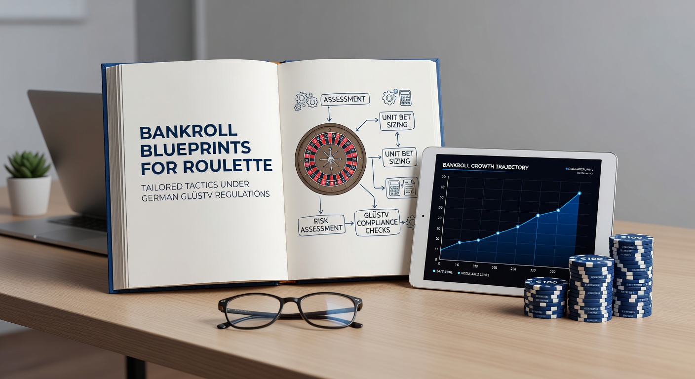 Grafik zeigt ein Roulette-Rad mit Bankroll-Management-Diagrammen und GlüStV-Limits im Hintergrund, typisch für reguliertes Online-Glücksspiel in Deutschland