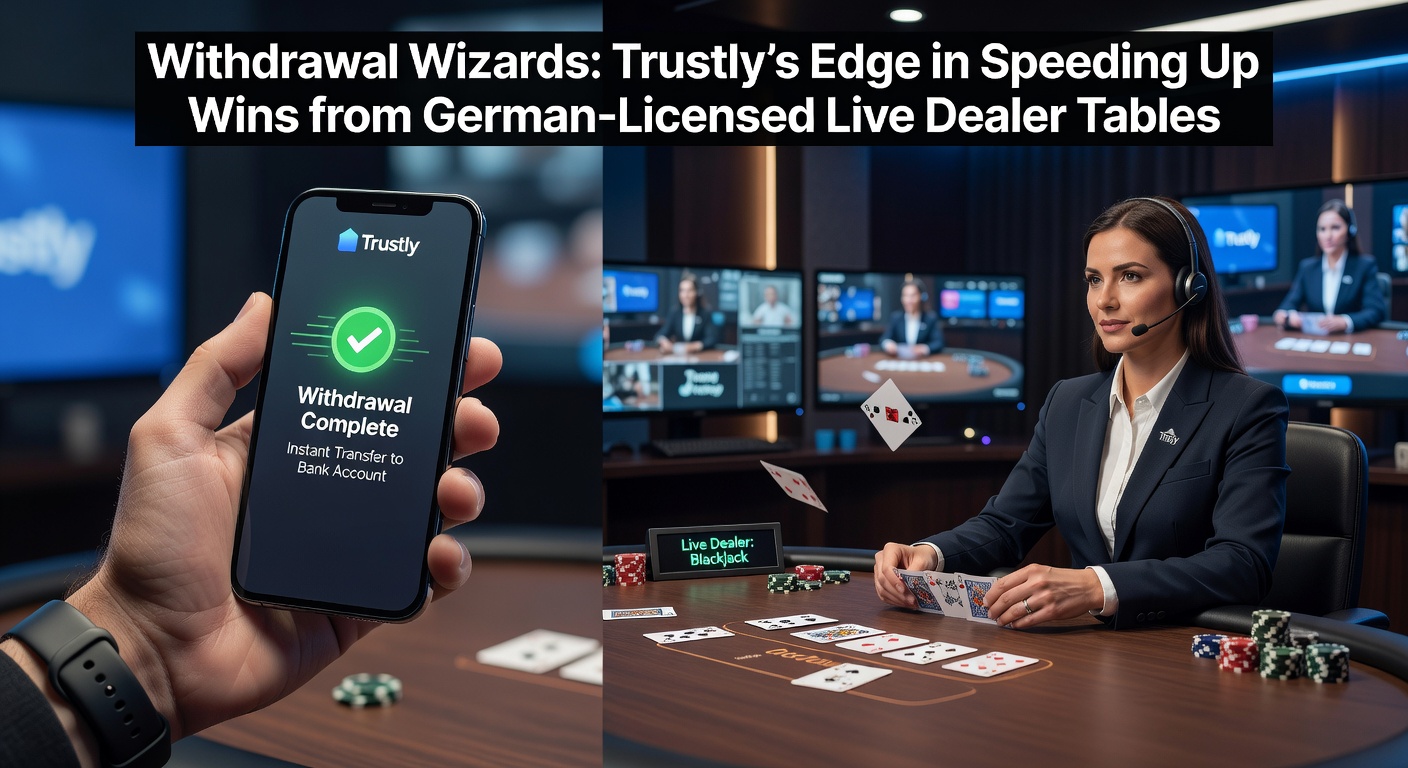 Grafik zeigt schnelle Auszahlungen mit Trustly in einem modernen Casino-Interface, inklusive Live-Dealer-Tischen und Uhrzeigersymbolen für Geschwindigkeit